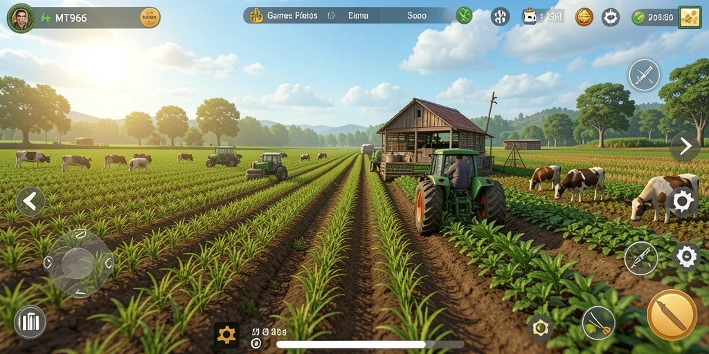Gameplay MT966 yang menampilkan ladang hijau dan hewan ternak.