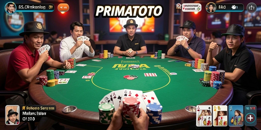 Screenshot gameplay PRIMATOTO menunjukkan keseruan bermain poker online.